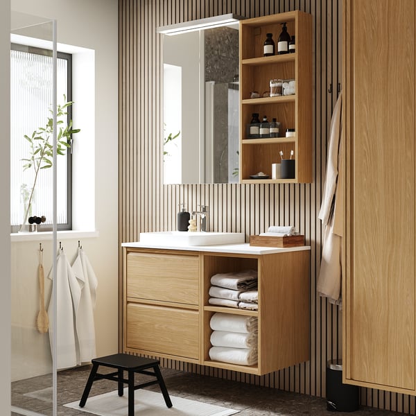 ÄNGSJÖN / BACKSJÖN wash-stand/wash-basin/tap, oak effect/white marble effect, 102x49x71 cm