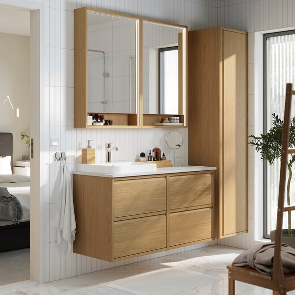 ÄNGSJÖN / BACKSJÖN wash-stand/wash-basin/tap, oak effect/white marble effect, 122x49x71 cm