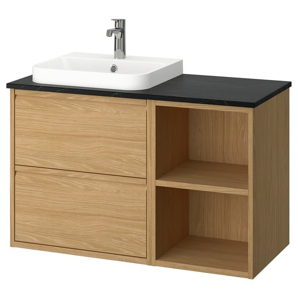 ÄNGSJÖN / BACKSJÖN - Washbasin/washbasin/mixer unit, oak/black marble effect,102x49x71 cm