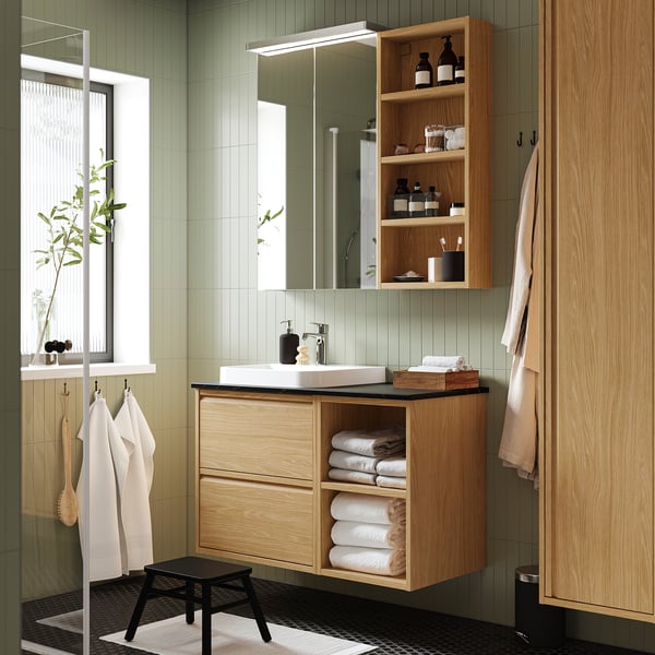 ÄNGSJÖN / BACKSJÖN wash-stand/wash-basin/tap, oak effect/black marble effect, 102x49x71 cm