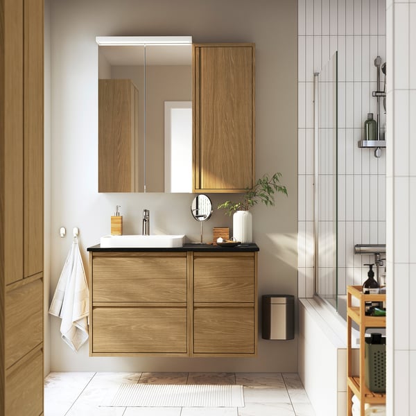 ÄNGSJÖN / BACKSJÖN wash-stand/wash-basin/tap, oak effect/black marble effect, 102x49x71 cm