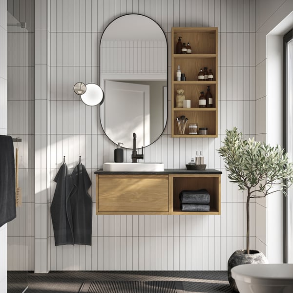 ÄNGSJÖN / BACKSJÖN - Washbasin/washbasin/mixer unit, oak/black marble effect,102x49x41 cm
