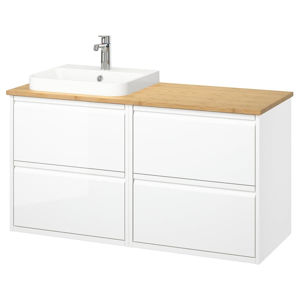 ÄNGSJÖN / BACKSJÖN wash-stand/wash-basin/tap, high-gloss white/bamboo, 122x49x71 cm