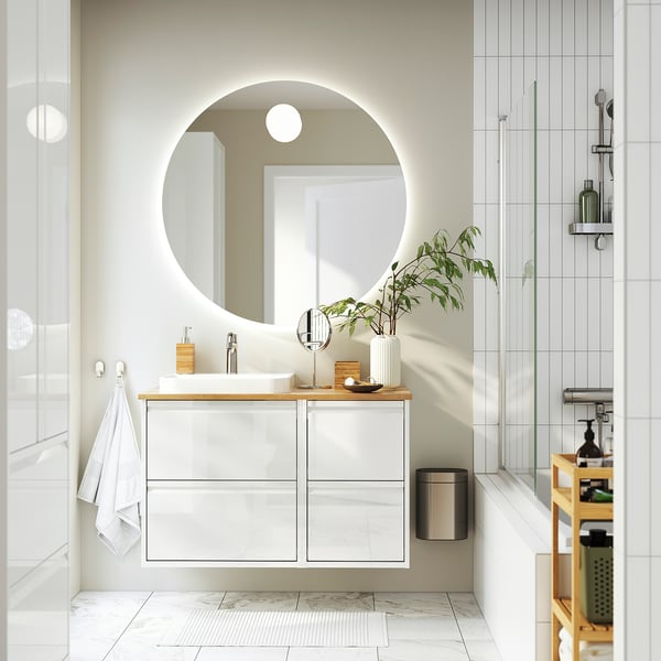 ÄNGSJÖN / BACKSJÖN wash-stand/wash-basin/tap, high-gloss white/bamboo, 102x49x71 cm