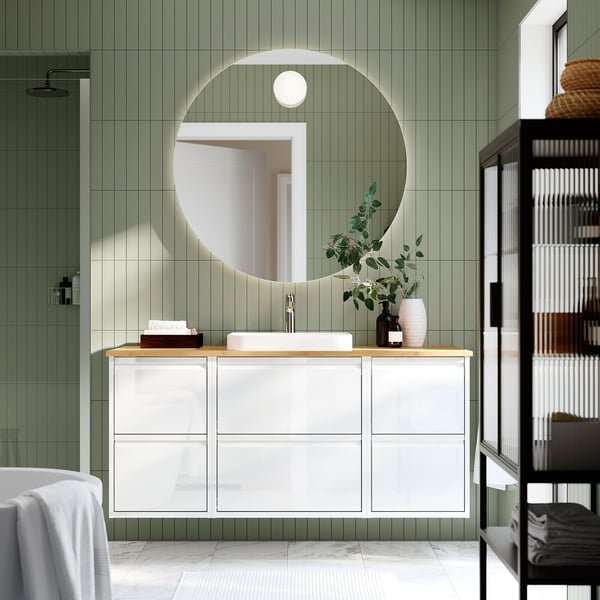 ÄNGSJÖN / BACKSJÖN wash-stand/wash-basin/tap, high-gloss white/bamboo, 142x49x71 cm
