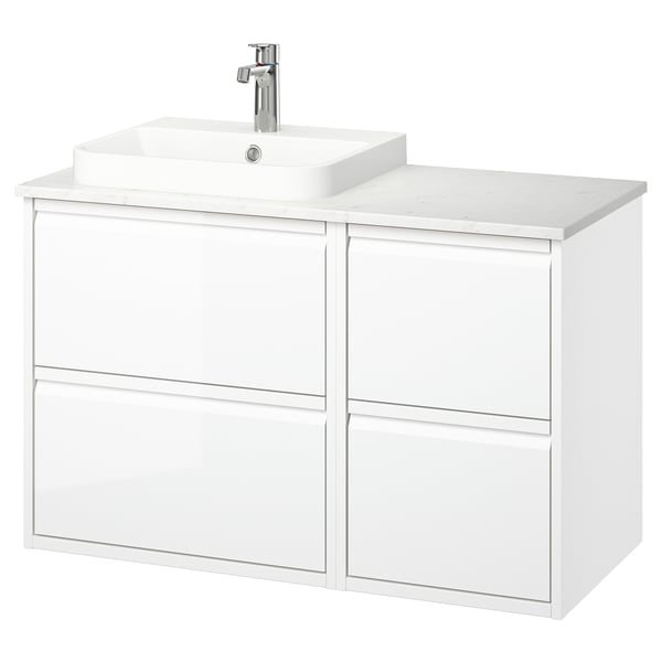 ÄNGSJÖN / BACKSJÖN wash-stand/wash-basin/tap, high-gloss white/white marble effect, 102x49x71 cm