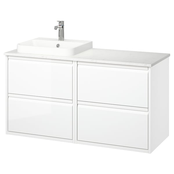 ÄNGSJÖN / BACKSJÖN - Washbasin/Washbasin/Mixer unit, glossy white/marble white effect,122x49x71 cm