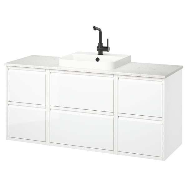 ÄNGSJÖN / BACKSJÖN wash-stand/wash-basin/tap, high-gloss white/white marble effect, 142x49x71 cm