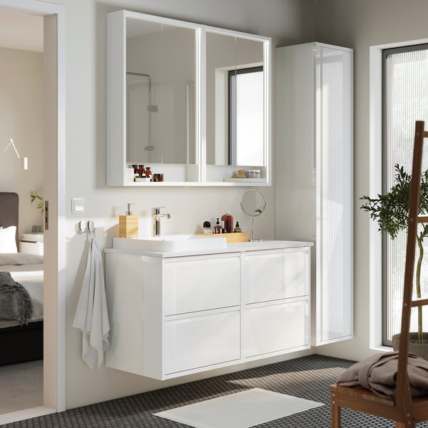 ÄNGSJÖN / BACKSJÖN wash-stand/wash-basin/tap, high-gloss white/white marble effect, 122x49x71 cm