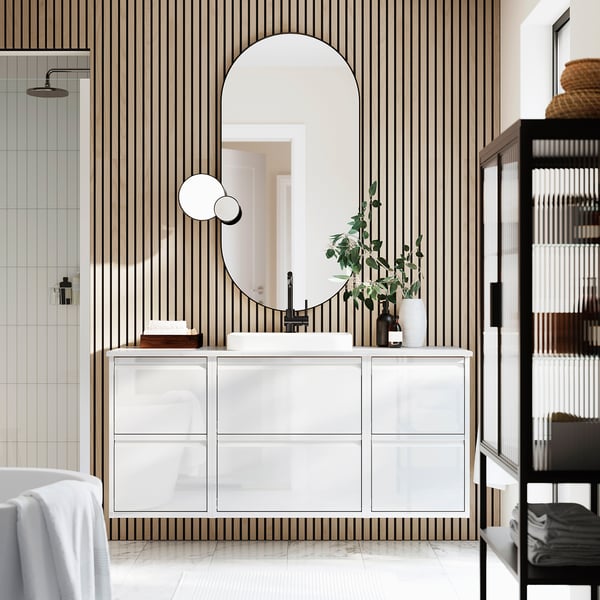 ÄNGSJÖN / BACKSJÖN wash-stand/wash-basin/tap, high-gloss white/white marble effect, 142x49x71 cm
