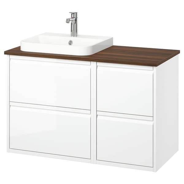 ÄNGSJÖN / BACKSJÖN wash-stand/wash-basin/tap, high-gloss white/brown walnut effect, 102x49x71 cm