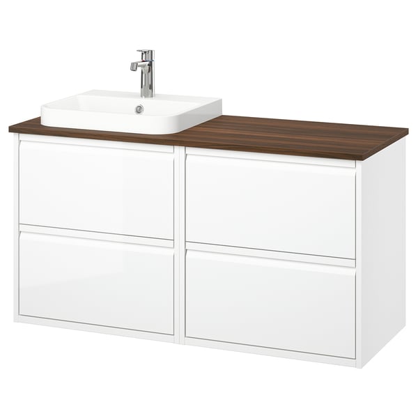 ÄNGSJÖN / BACKSJÖN wash-stand/wash-basin/tap, high-gloss white/brown walnut effect, 122x49x71 cm