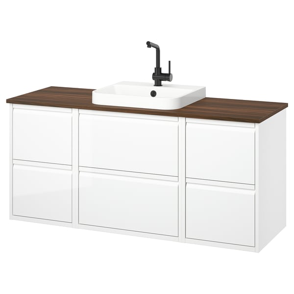 ÄNGSJÖN / BACKSJÖN wash-stand/wash-basin/tap, high-gloss white/brown walnut effect, 142x49x71 cm