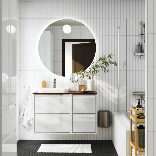ÄNGSJÖN / BACKSJÖN wash-stand/wash-basin/tap, high-gloss white/brown walnut effect, 102x49x71 cm