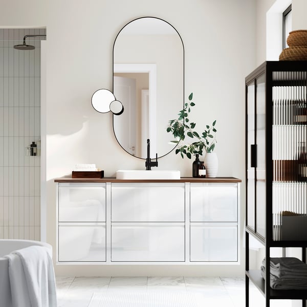 ÄNGSJÖN / BACKSJÖN wash-stand/wash-basin/tap, high-gloss white/brown walnut effect, 142x49x71 cm