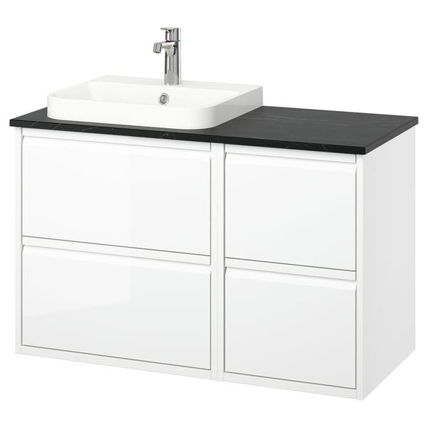 ÄNGSJÖN / BACKSJÖN wash-stand/wash-basin/tap, high-gloss white/black marble effect, 102x49x71 cm