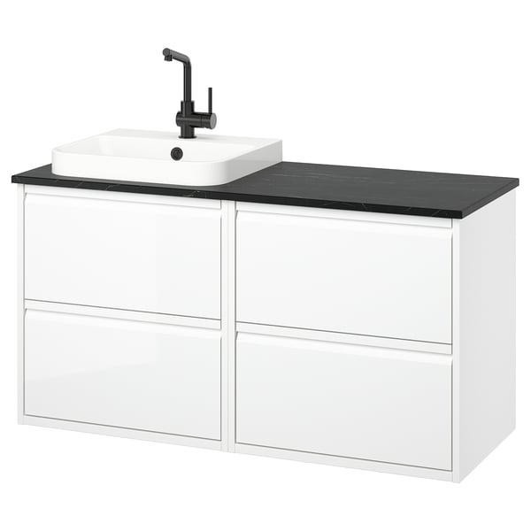 ÄNGSJÖN / BACKSJÖN wash-stand/wash-basin/tap, high-gloss white/black marble effect, 122x49x71 cm