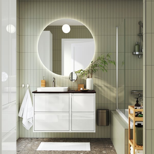 ÄNGSJÖN / BACKSJÖN - Washbasin/washbasin unit/mixer, glossy white/black marble effect,102x49x71 cm