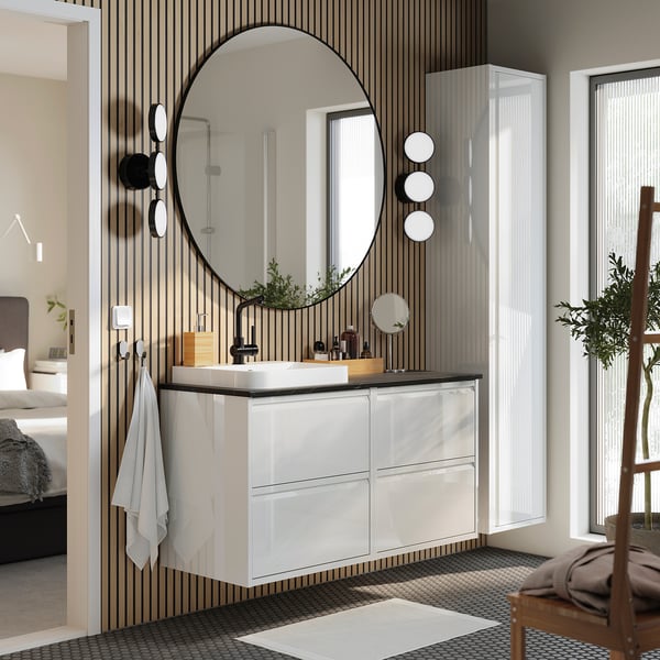 ÄNGSJÖN / BACKSJÖN - Washbasin/washbasin unit/mixer, glossy white/black marble effect,122x49x71 cm