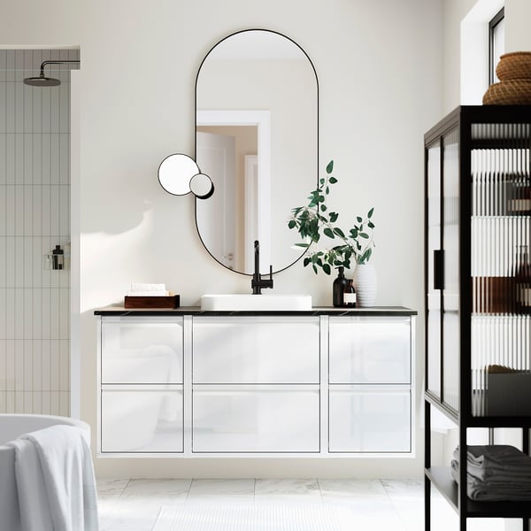 ÄNGSJÖN / BACKSJÖN wash-stand/wash-basin/tap, high-gloss white/black marble effect, 142x49x71 cm