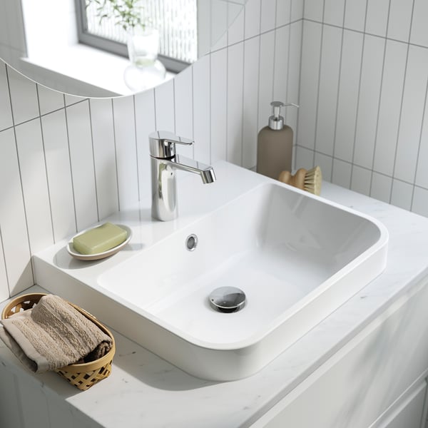 ÄNGSJÖN / BACKSJÖN - Washbasin/washbasin unit/mixer, glossy white/black marble effect,102x49x71 cm