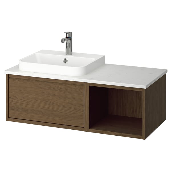 ÄNGSJÖN / BACKSJÖN wash-stand/wash-basin/tap, brown oak effect/white marble effect, 102x49x41 cm
