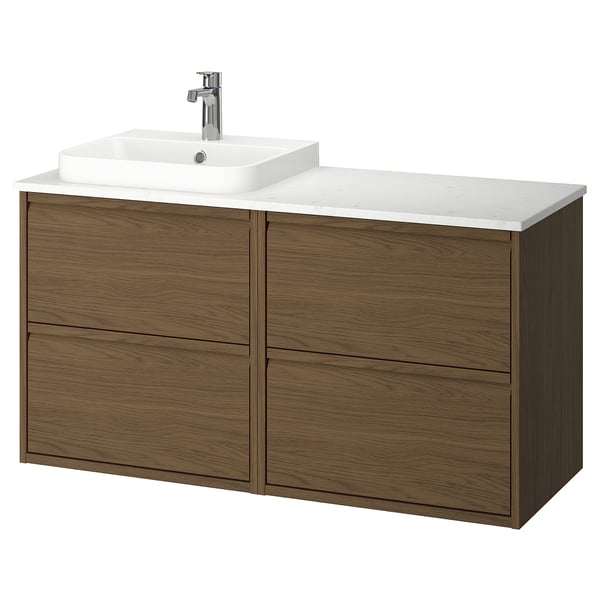ÄNGSJÖN / BACKSJÖN wash-stand/wash-basin/tap, brown oak effect/white marble effect, 122x49x71 cm