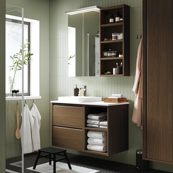ÄNGSJÖN / BACKSJÖN wash-stand/wash-basin/tap, brown oak effect/white marble effect, 102x49x71 cm