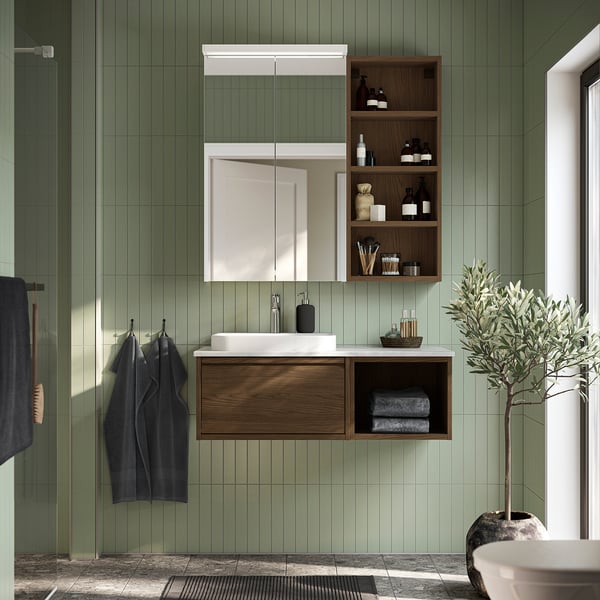 ÄNGSJÖN / BACKSJÖN - Washbasin/washbasin unit/mixer, oak-effect brown/marble-effect white,102x49x41 cm