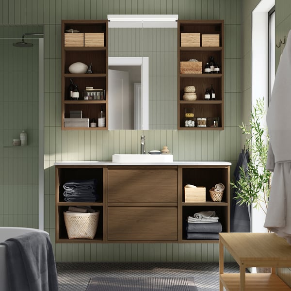 ÄNGSJÖN / BACKSJÖN - Washbasin/washbasin unit/mixer, oak-effect brown/marble-effect white,142x49x71 cm