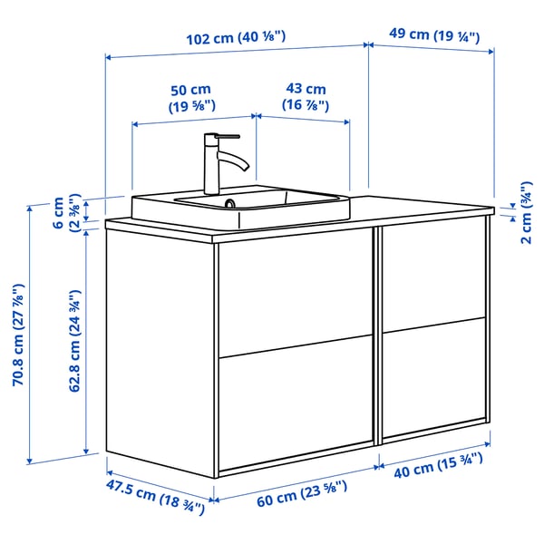 ÄNGSJÖN / BACKSJÖN - Washbasin/washbasin/mixer unit, oak-effect brown/marble-effect white,102x49x71 cm