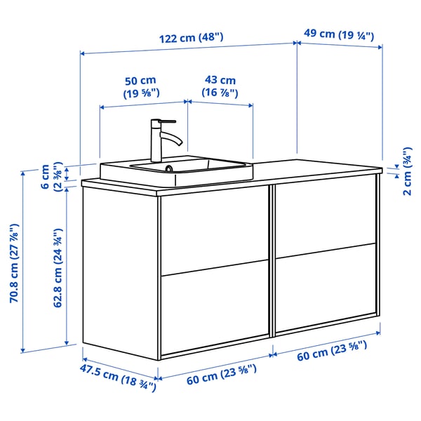 ÄNGSJÖN / BACKSJÖN wash-stand/wash-basin/tap, brown oak effect/white marble effect, 122x49x71 cm
