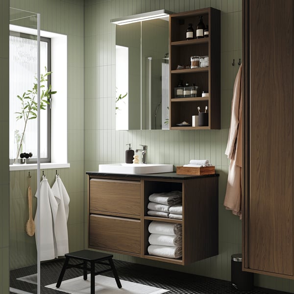ÄNGSJÖN / BACKSJÖN wash-stand/wash-basin/tap, brown oak effect/black marble effect, 102x49x71 cm
