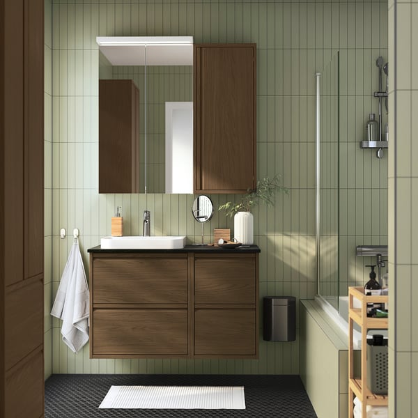 ÄNGSJÖN / BACKSJÖN - Washbasin/washbasin unit/mixer, oak-effect brown/marble-effect black,102x49x71 cm