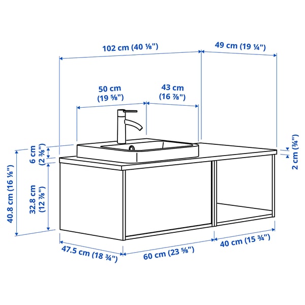 ÄNGSJÖN / BACKSJÖN - Washbasin/washbasin unit/mixer, oak-effect brown/marble-effect black,102x49x41 cm