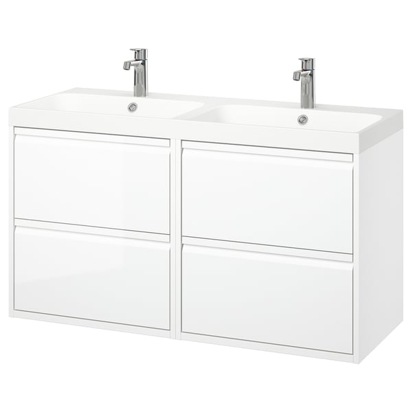 ÄNGSJÖN / BACKSJÖN wash-stand/wash-basin/taps, high-gloss white, 120x49x69 cm