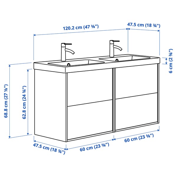 ÄNGSJÖN / BACKSJÖN wash-stand/wash-basin/taps, high-gloss white, 120x49x69 cm