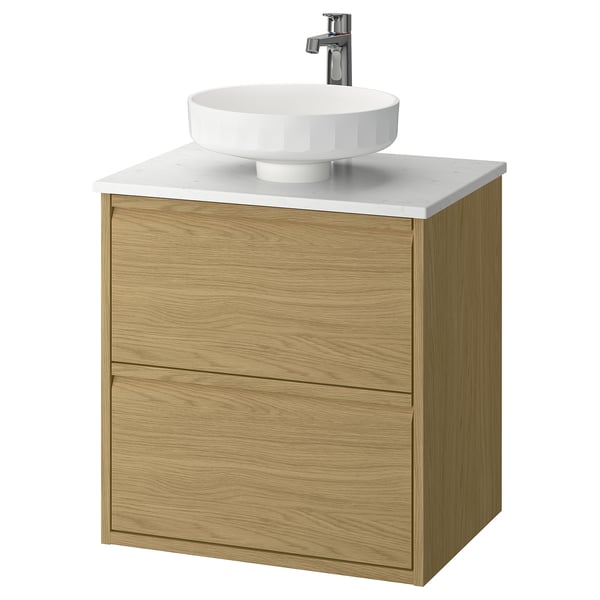 ÄNGSJÖN / LERSJÖN wash-stnd w drawers/wash-basin/tap, oak effect/white marble effect, 62x49x79 cm