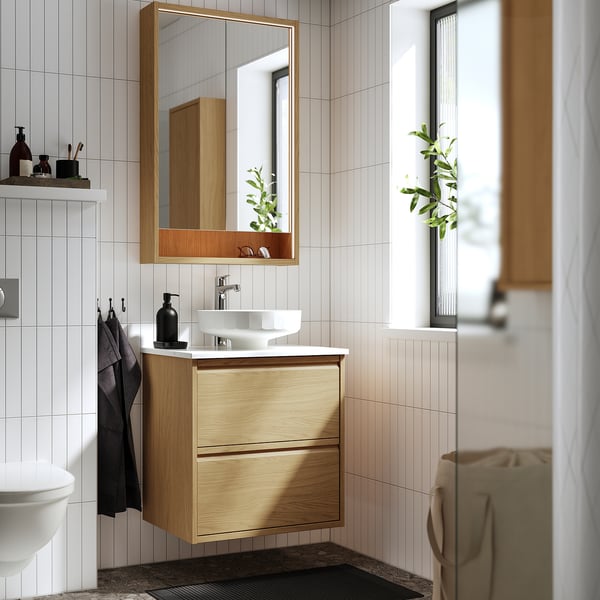 ÄNGSJÖN / LERSJÖN wash-stnd w drawers/wash-basin/tap, oak effect/white marble effect, 62x49x79 cm