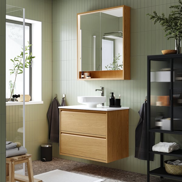 ÄNGSJÖN / LERSJÖN wash-stnd w drawers/wash-basin/tap, oak effect/white marble effect, 82x49x79 cm