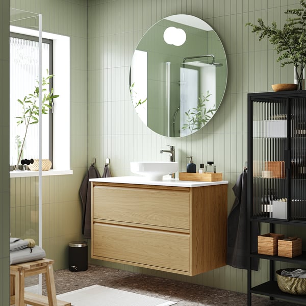 ÄNGSJÖN / LERSJÖN wash-stnd w drawers/wash-basin/tap, oak effect/white marble effect, 102x49x79 cm
