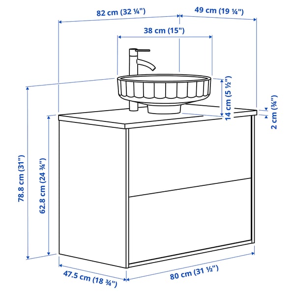 ÄNGSJÖN / LERSJÖN wash-stnd w drawers/wash-basin/tap, oak effect/white marble effect, 82x49x79 cm