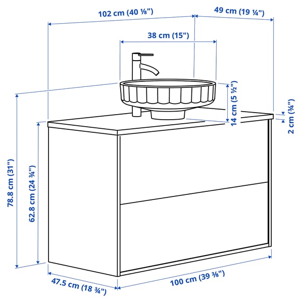 ÄNGSJÖN / LERSJÖN wash-stnd w drawers/wash-basin/tap, oak effect/white marble effect, 102x49x79 cm