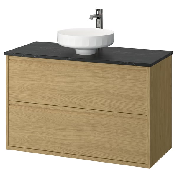 ÄNGSJÖN / LERSJÖN wash-stnd w drawers/wash-basin/tap, oak effect/black marble effect, 102x49x79 cm