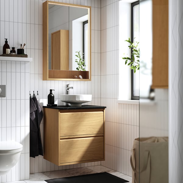 ÄNGSJÖN / LERSJÖN wash-stnd w drawers/wash-basin/tap, oak effect/black marble effect, 62x49x79 cm