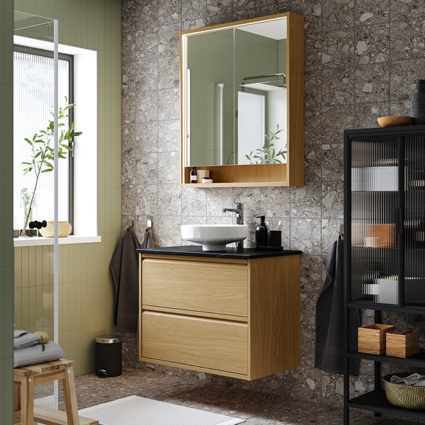 ÄNGSJÖN / LERSJÖN - Washbasin/drawer unit/misc, oak/black marble effect,82x49x79 cm