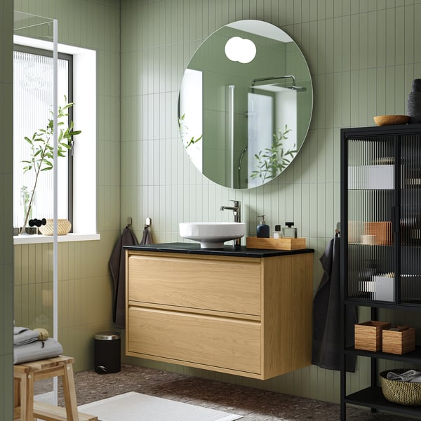 ÄNGSJÖN / LERSJÖN wash-stnd w drawers/wash-basin/tap, oak effect/black marble effect, 102x49x79 cm