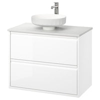 ÄNGSJÖN / LERSJÖN wash-stnd w drawers/wash-basin/tap, high-gloss white/white marble effect, 82x49x79 cm