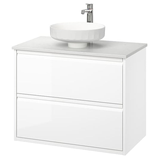 Ikea ÄNGSJÖN / LERSJÖN - Washbasin/drawer unit/misc, glossy white/marble white effect,82x49x79 cm