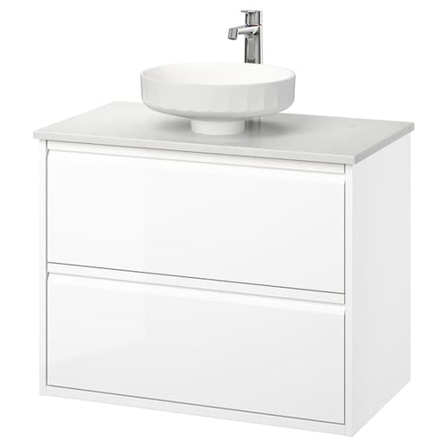 ÄNGSJÖN / LERSJÖN - Washbasin/drawer unit/misc, glossy white/marble white effect,82x49x79 cm